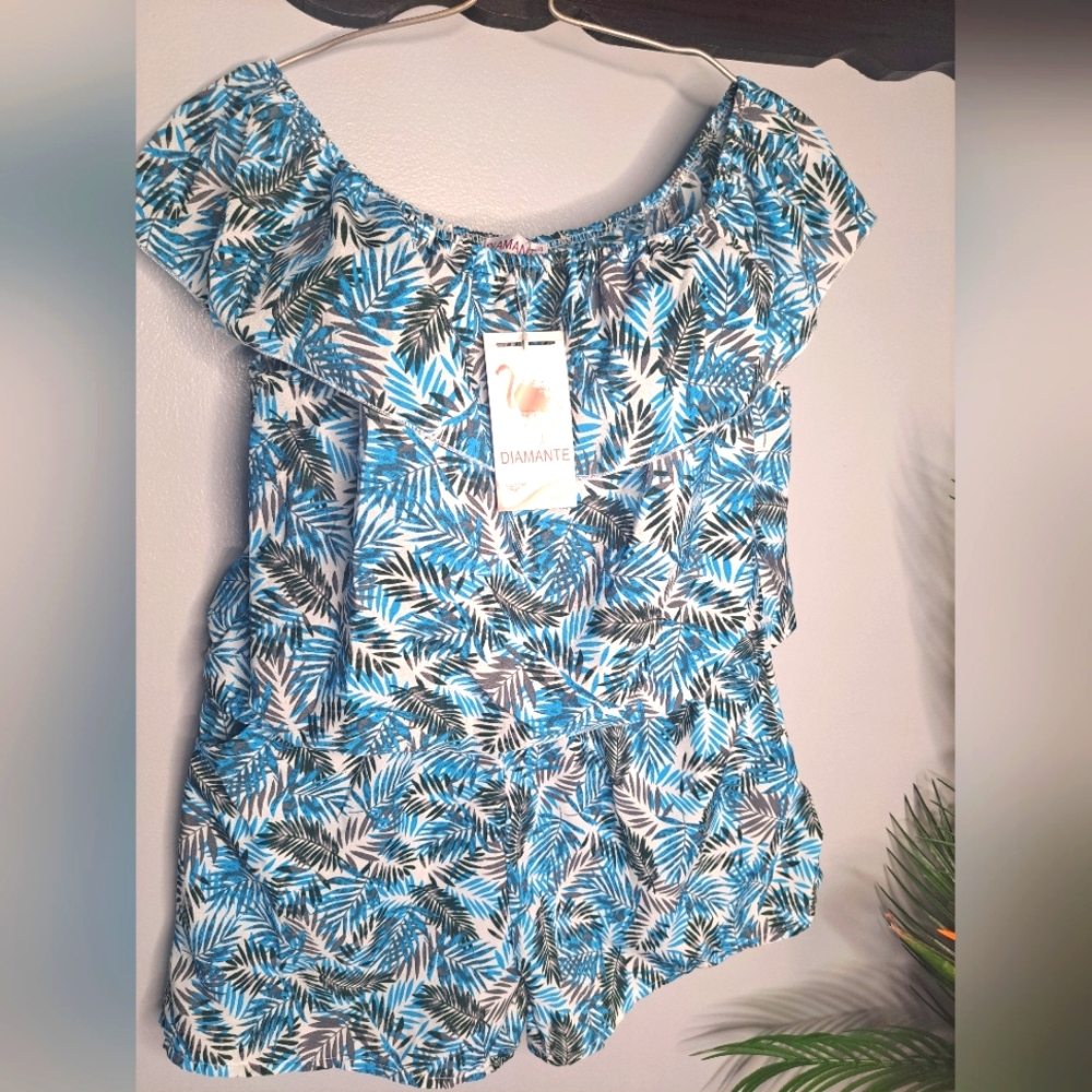 Diamante Floral Blue Romper Size Large New with tags!